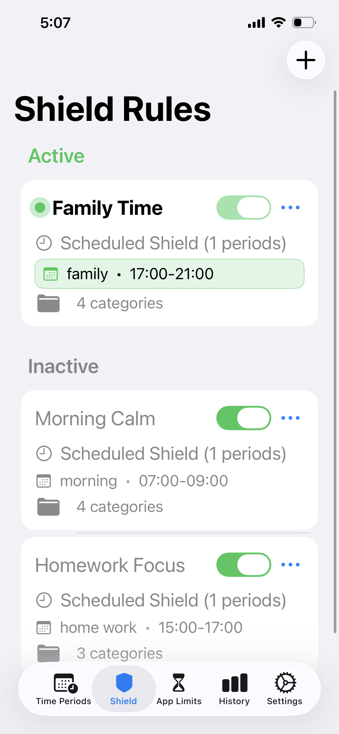 Adapto Shield Rules screen showing Family Time active while Morning Calm and Homework Focus are inactive.