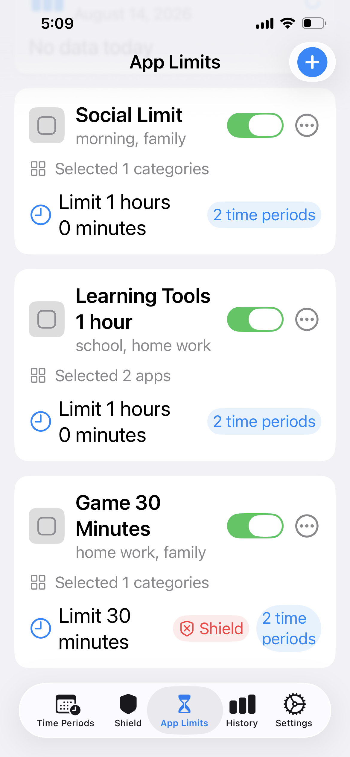 Adapto App Limits screen showing limits for social apps, learning tools, and games across different time periods.