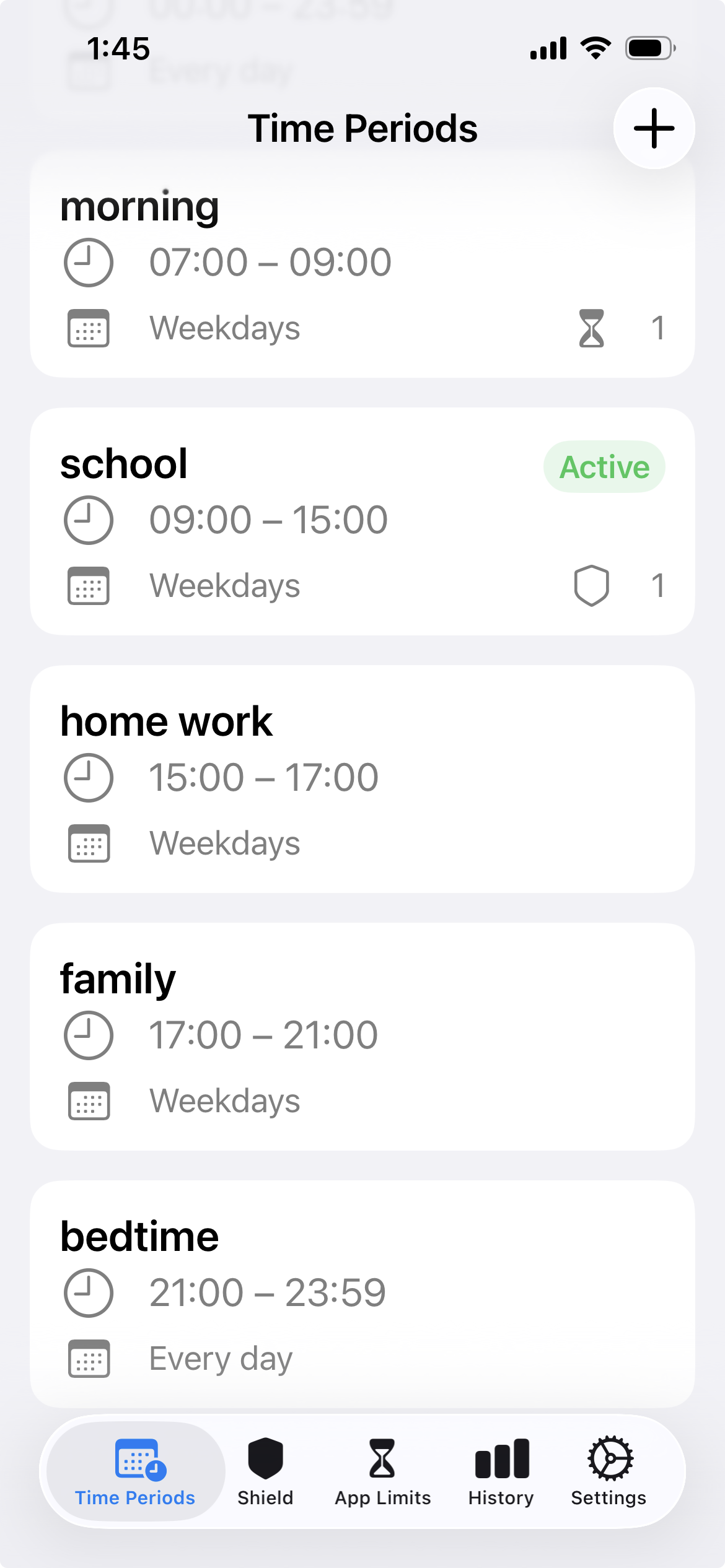 Adapto Time Periods screen showing five parts of the day, with School active.